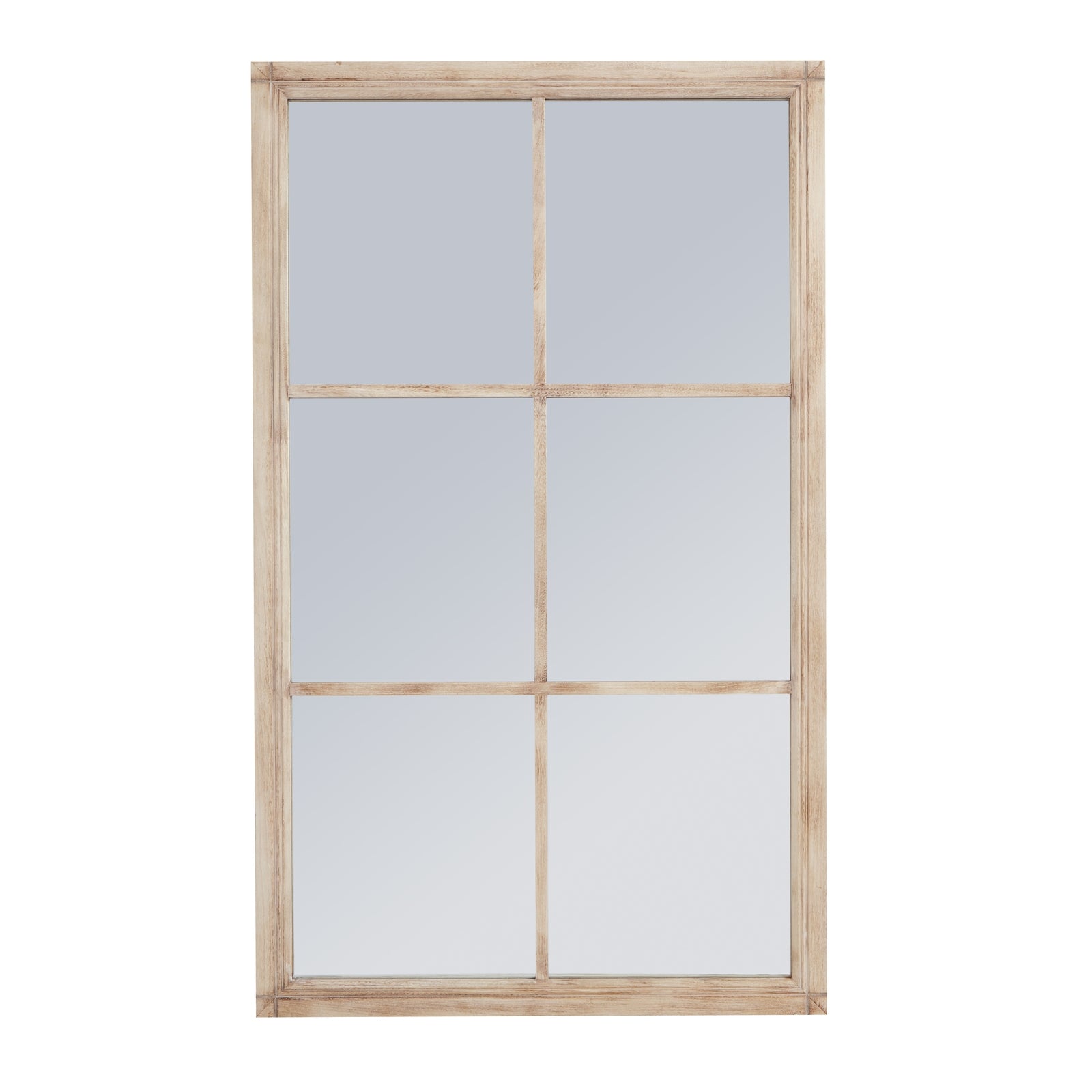 Large washed wood rectangle window-framed mirror by Hill Interiors, featuring a rustic wooden frame and clear reflective glass.