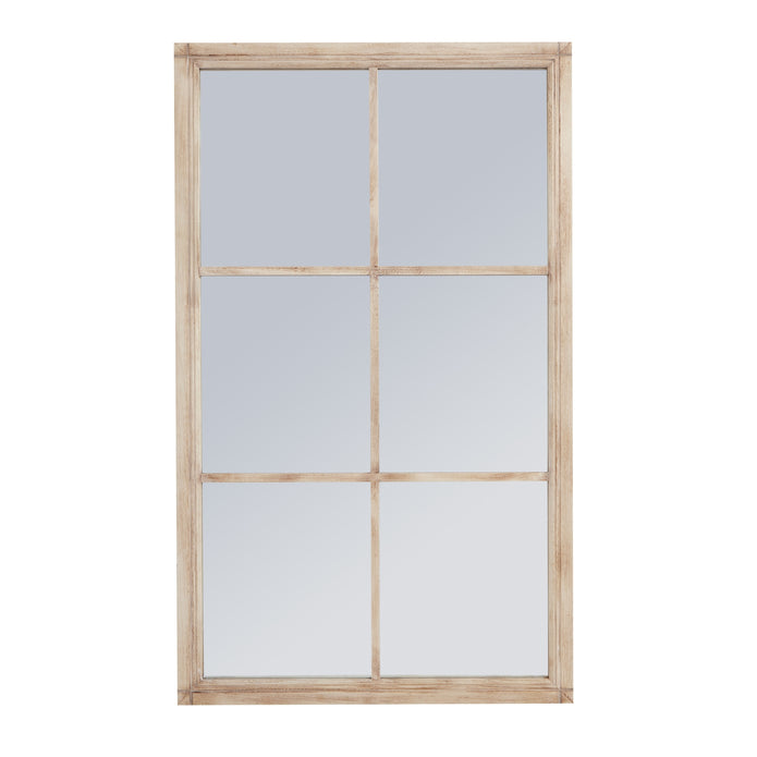 Large washed wood rectangle window-framed mirror by Hill Interiors, featuring a rustic wooden frame and clear reflective glass.