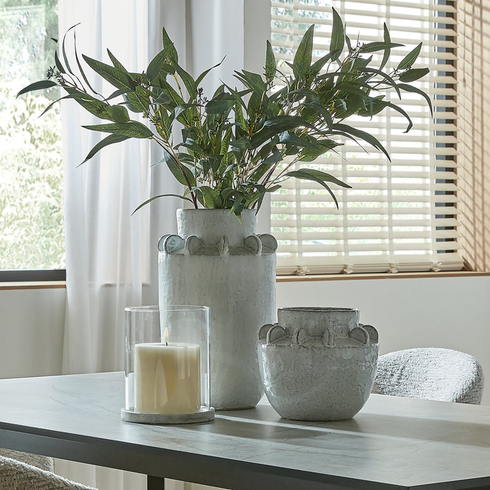 Athena Stone natural hurricane candle lantern by Hill Interiors, decorative home decor with glass enclosure and stone base.