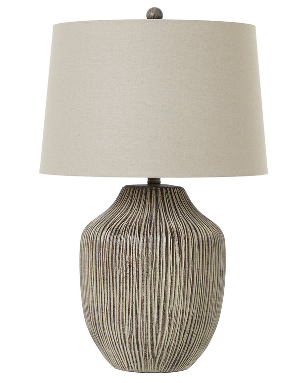 Ochre brown wooden lamp from Hill Interiors, modern lighting fixture with a warm wooden finish and sleek design.