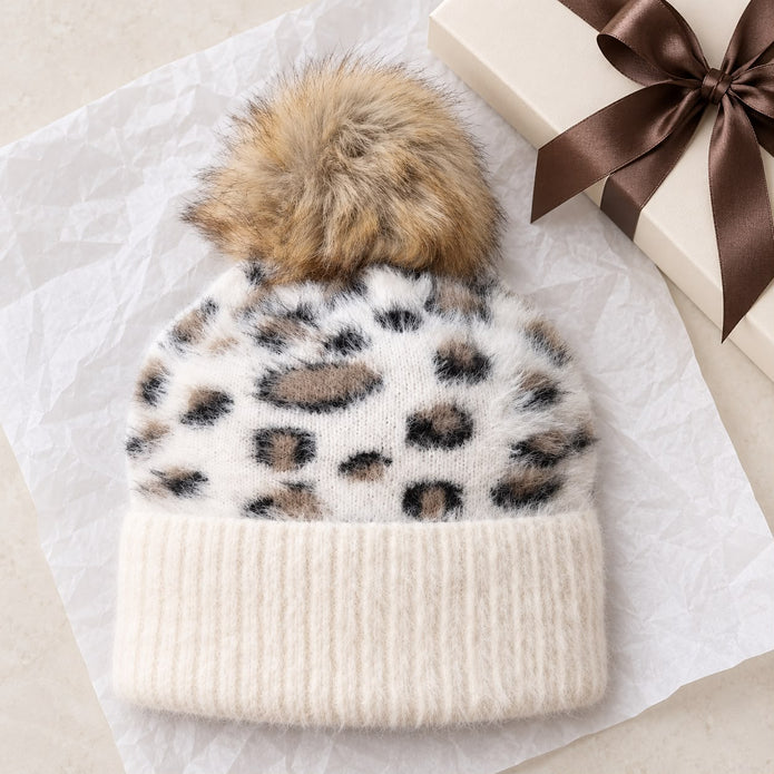 Cream Leopard Print Fluffy Bobble Hat