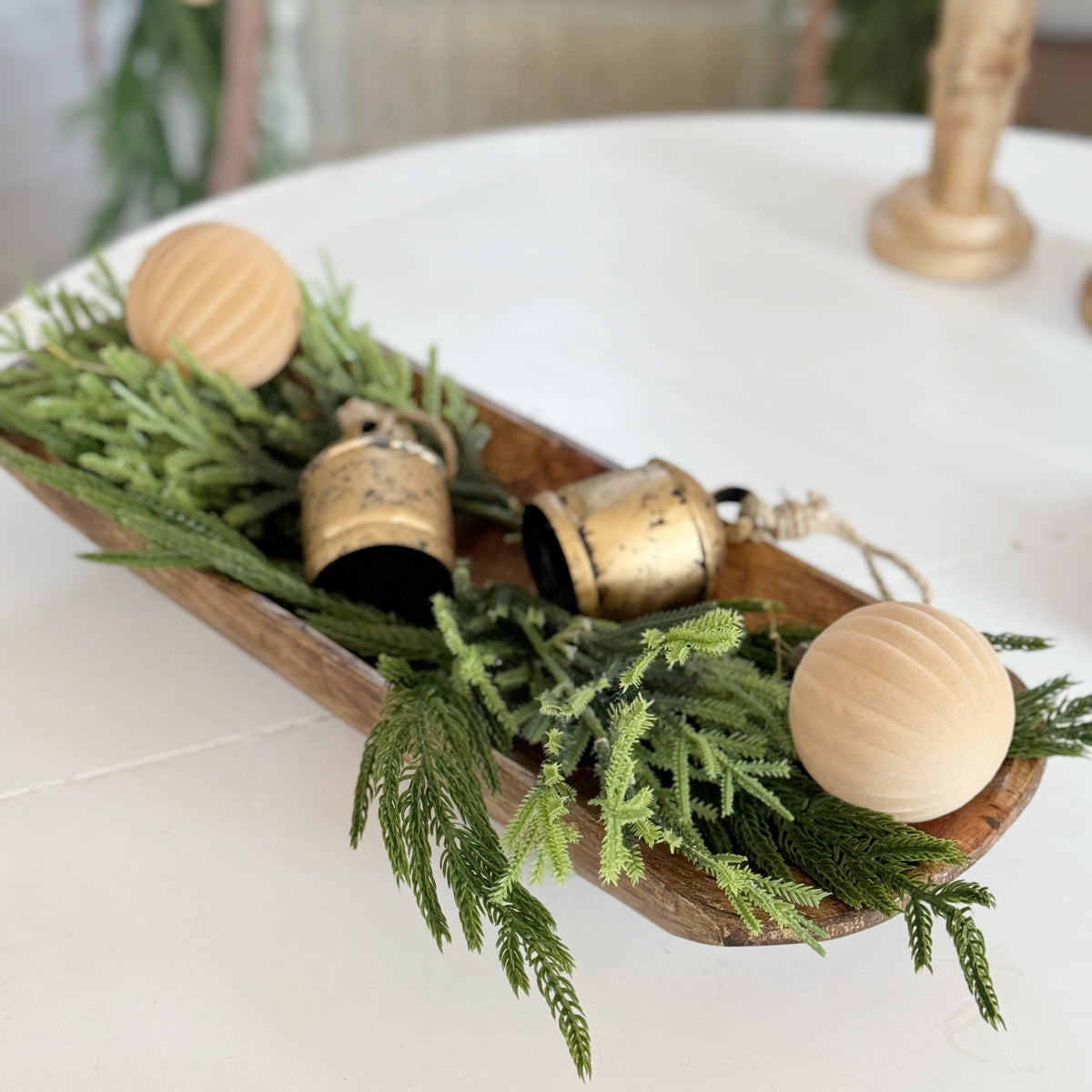 Large rustic wooden dough bowl from My Amigos Imports, deep and natural wood finish, ideal for home decor displays.
