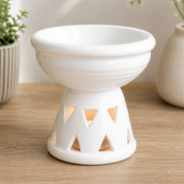 White Deep Bowl Wax Melt Oil Burner, white deep-bowl burner with triangular openings and a lit tealight