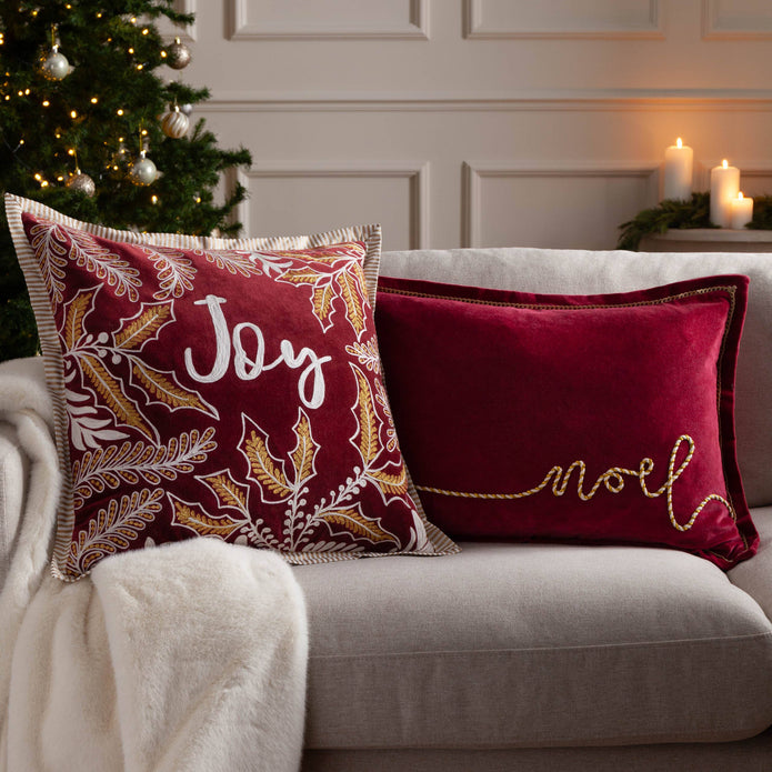 Riva Home red velvet Christmas cushion with gold “Noel” applique design