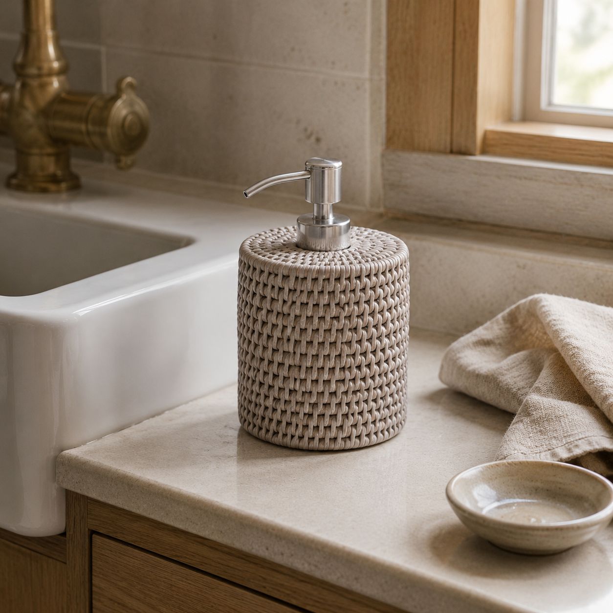 Wickham Rattan Soap Dispenser With Ceramic Bottle