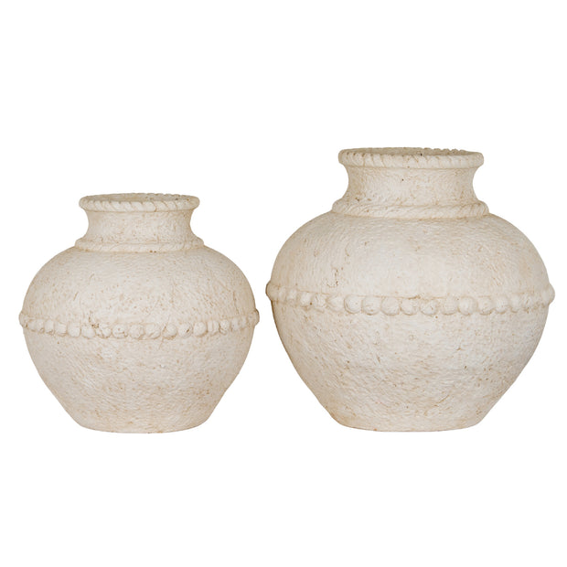 Olympia Stone Matt Vase, two cream stone vases with raised beaded bands