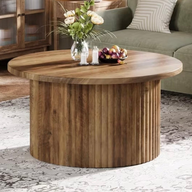 Rustic Natural Round Closed Slatted Wood Coffee Table