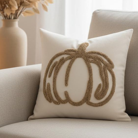 Beige Chenille Pumpkin Cushion Cover, cream cushion with beige pumpkin outline on a sofa