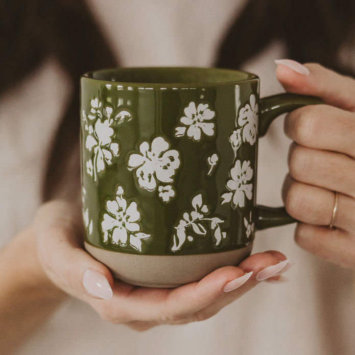 Green Floral Stoneware Coffee Mug - Spring Home Decor
