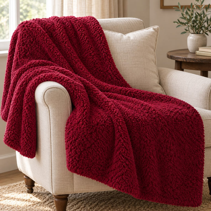 Burgundy Teddy Throw Blanket – Cosy Autumn & Winter Soft Furnishing