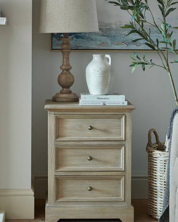 Delphine Collection 3 Drawer Bedside Chest by Hill Interiors, wooden furniture with sleek drawers and modern design.