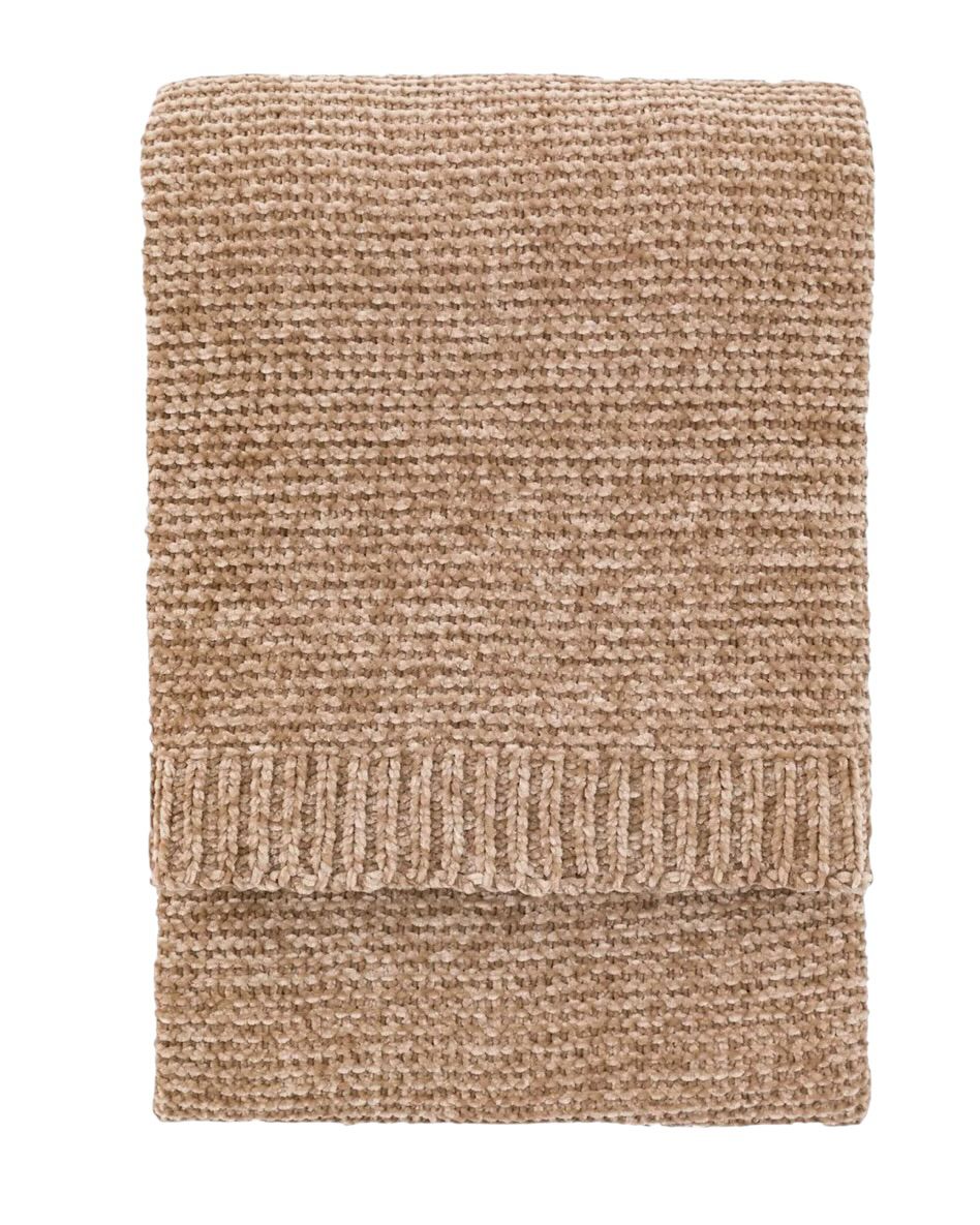 Beige Luxe Chunky Chenille Throw blanket by Gallery Direct, soft and cozy for living room or bedroom decor.
