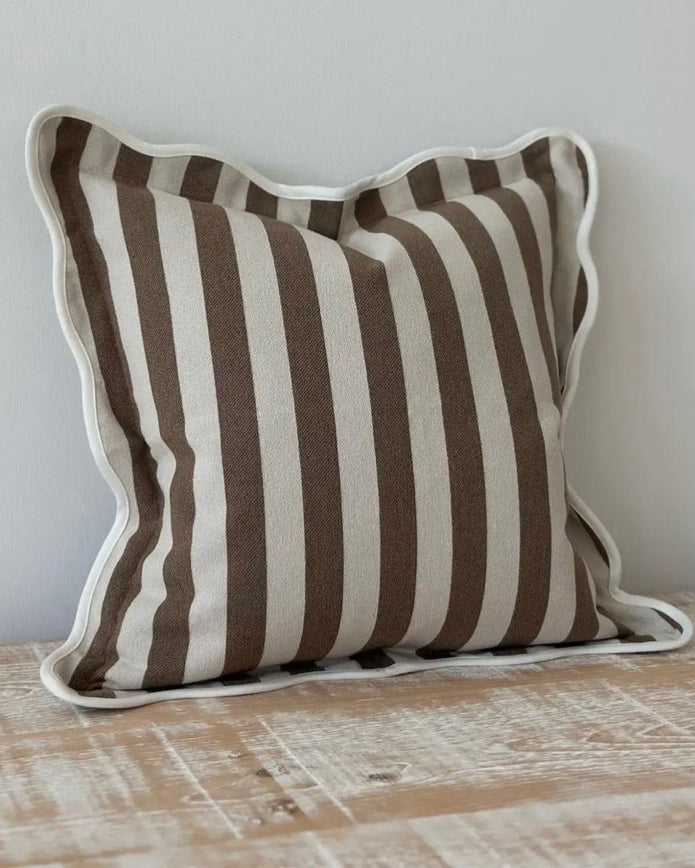 Chloe Brown square scalloped cushion cover with stripe pattern, soft furnishings by Ellenvale Trade, featuring a stylish design.