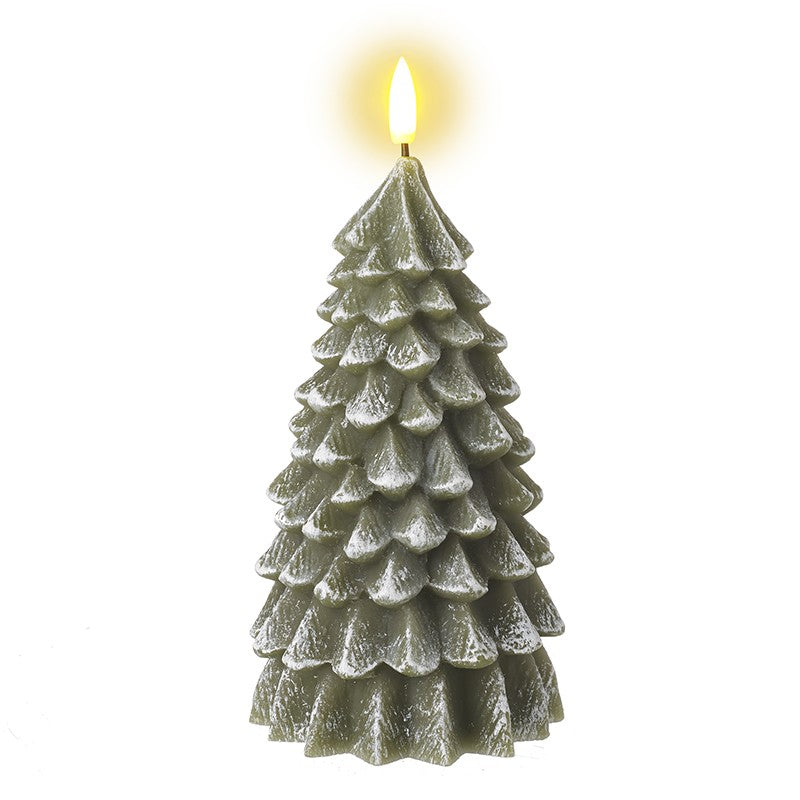 LED Light Up Green Christmas Tree Candle, large green tree candle with a glowing tip against white