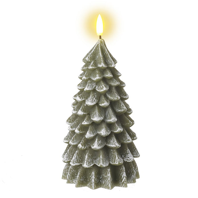 LED Light Up Green Christmas Tree Candle, large green tree candle with a glowing tip against white