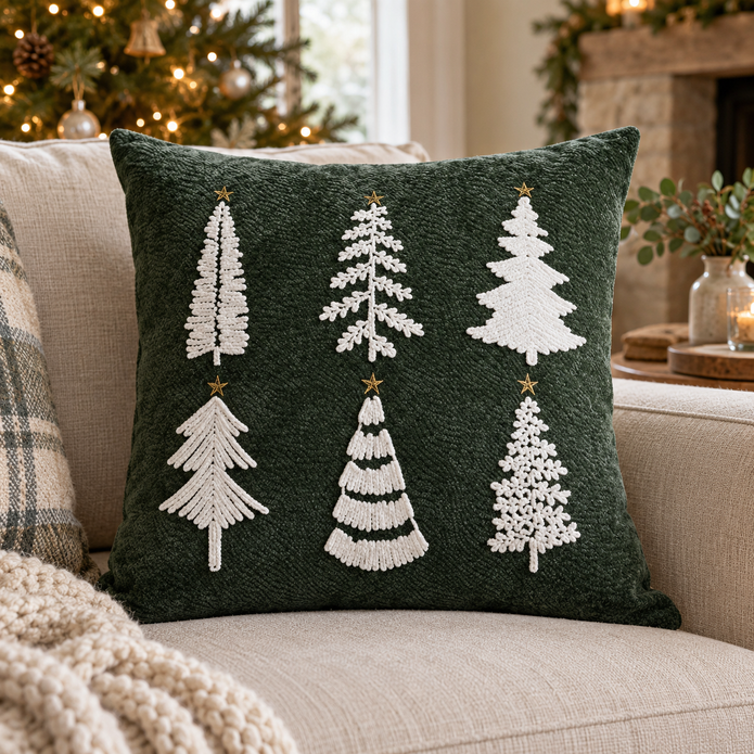 Green Embroidered Fluffy Christmas Tree Cushion Cover