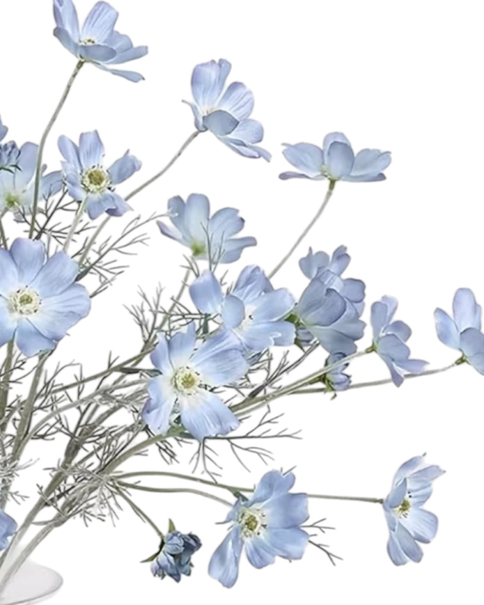 Artificial Ocean Blue Cosmos flower stem by Starlight Express, showcasing vibrant blue blossoms and green foliage.