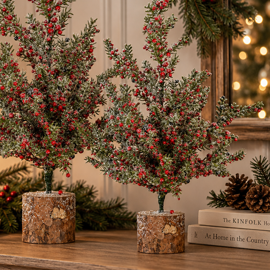 Frosted Winter Berry Tree On Wooden Block