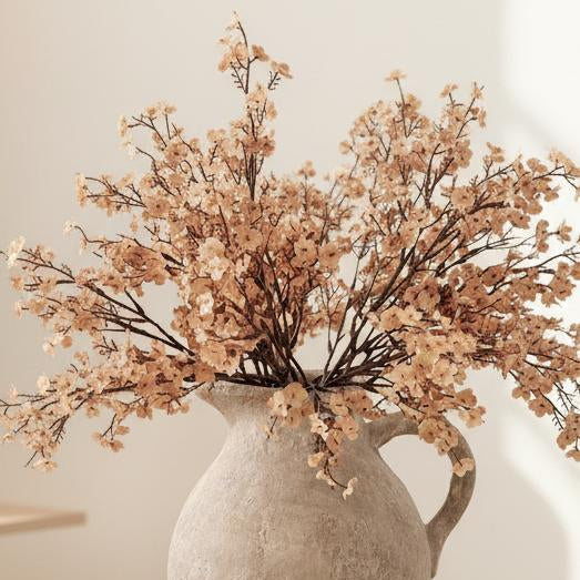 Artificial Peach And Brown Gypsophelia Stem, peach and brown flowering branches in a rustic jug
