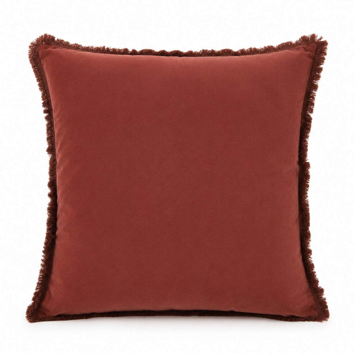Burgundy Frayed Edge Cushion Cover, front view of burgundy fabric and frayed edges against white