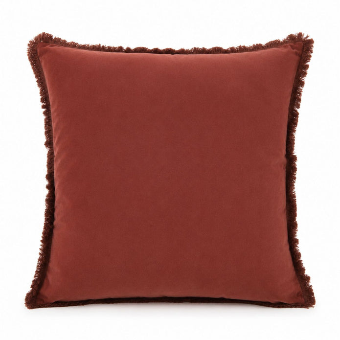 Burgundy Frayed Edge Cushion Cover, front view of burgundy fabric and frayed edges against white