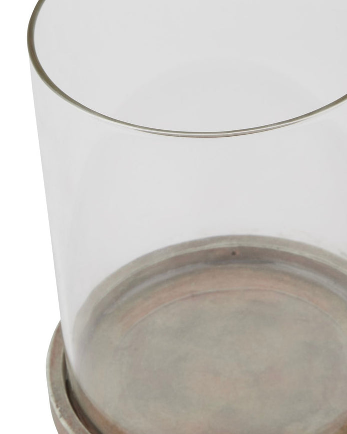 Siena matte brown stone hurricane candle lantern for home decor, featuring a classic design and glass enclosure for candles.