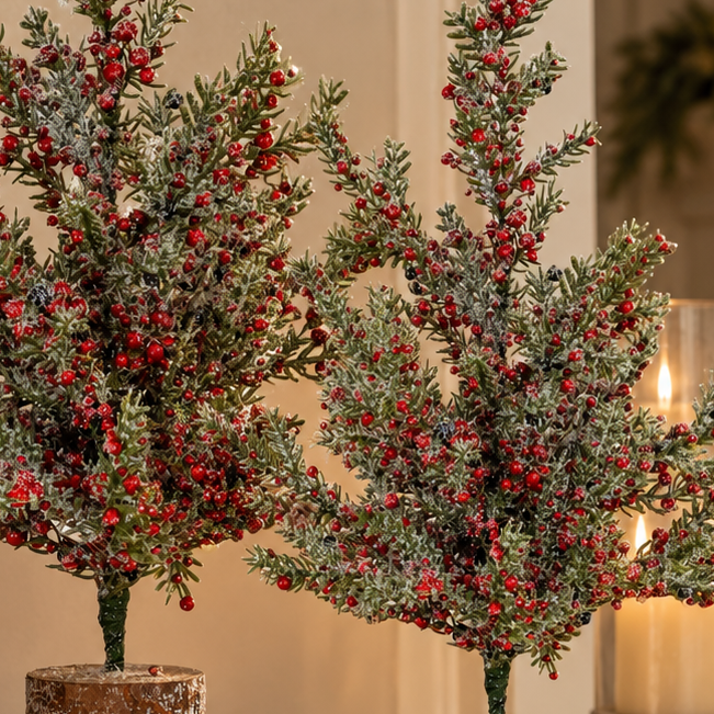 Frosted Winter Berry Tree On Wooden Block