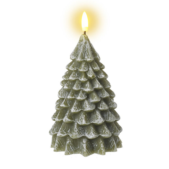 LED Light Up Green Christmas Tree Candle, medium green tree candle with a glowing tip against white