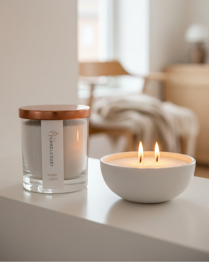 White scented candle in a sand jar from The Candledust Nordic Lights home fragrance collection, featuring a cozy, minimalist design.