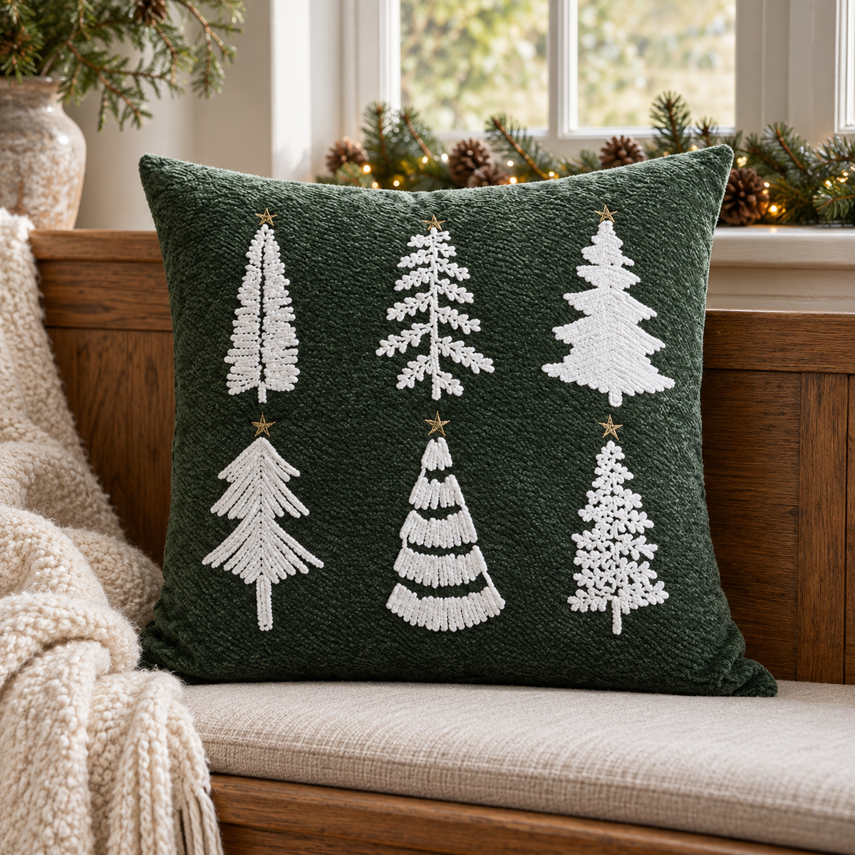 Green Embroidered Fluffy Christmas Tree Cushion Cover