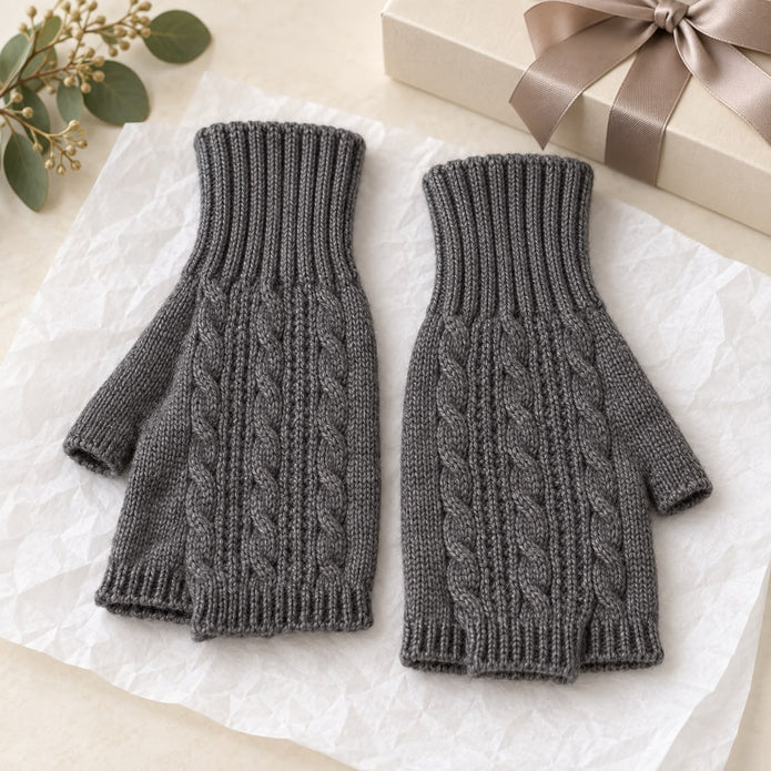 Grey Cosy Cable Knit Fingerless Gloves
