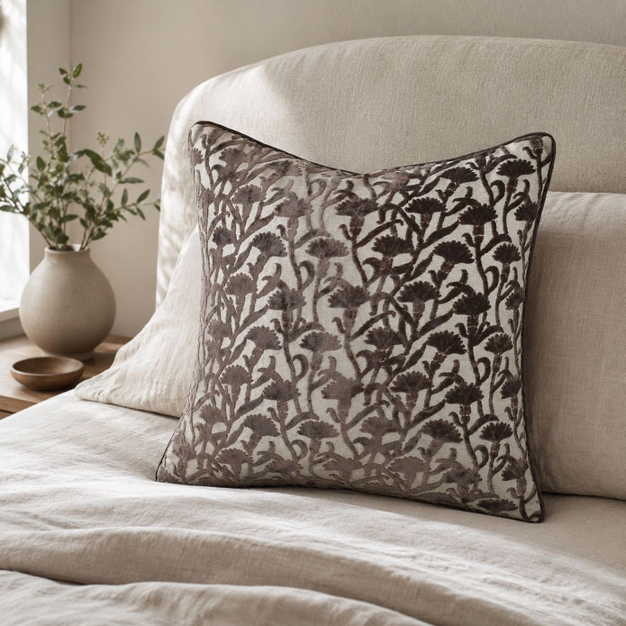 Chocolate Brown Velvet Floral Print Cushion Cover