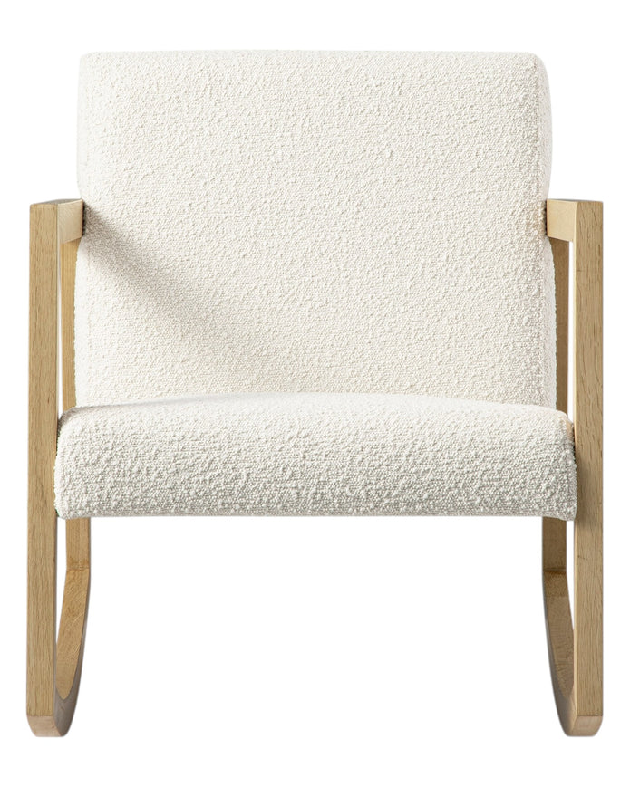 Cream boucle sherpa rocking chair by Starlight Express with plush fabric and wooden legs for cozy, stylish seating.