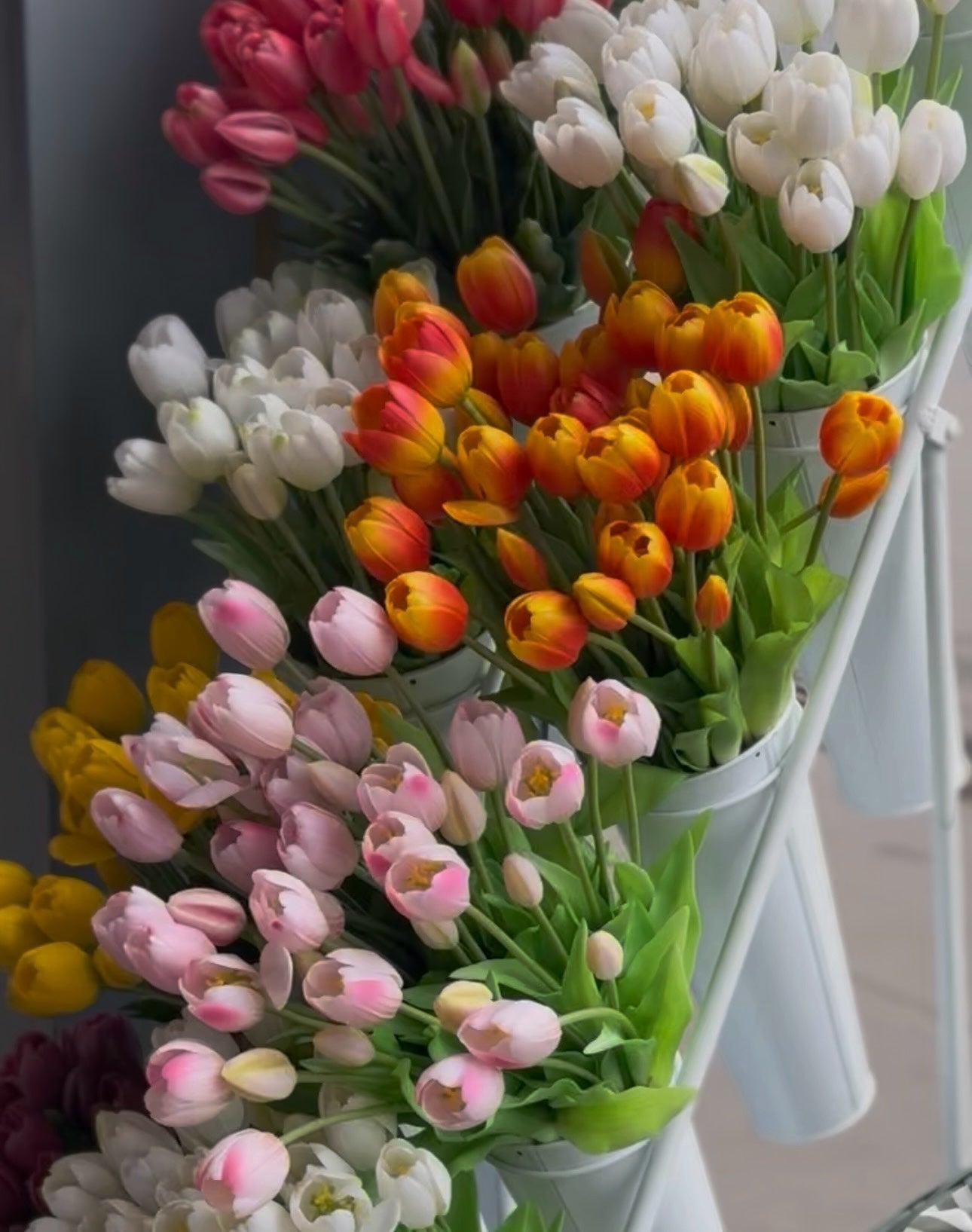 Bunch of 5 artificial tulip stems in golden yellow, spring flowers from Starlight Express, realistic floral display for home decor