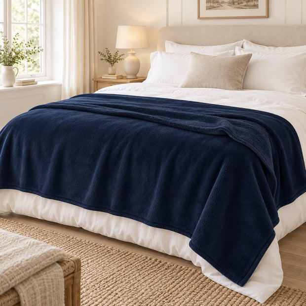 Navy Blue Luxury Snuggle Blanket Throw, navy blue throw spread across a bed