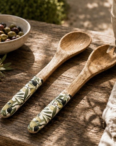 Olive Pattern Mango Wood + Melamine Salad Servers