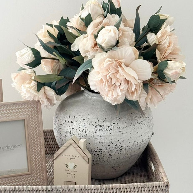 Wooden House Ornament - Beige Moments Keep A Place In Your Heart, beige house ornament beneath a large vase of cream flowers