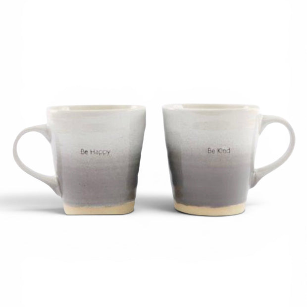 Beige Neutral Stoneware Mug, two grey gradient mugs against white