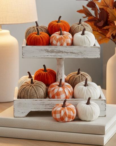 Orange Fabric Mini Pumpkins, mini pumpkins in assorted colours on tiered shelves