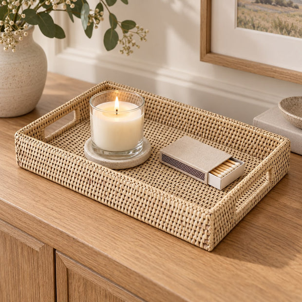 Wickham Rattan Rectangular Tray - Small, small rectangular woven tray with a candle and matches