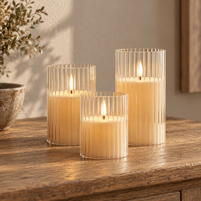 Ribbed LED Light Up Acrylic Candles - Set of Three
