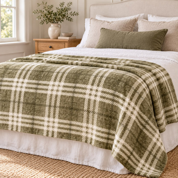 Olive Green Checkmate Rolled Fleece Blanket Throw