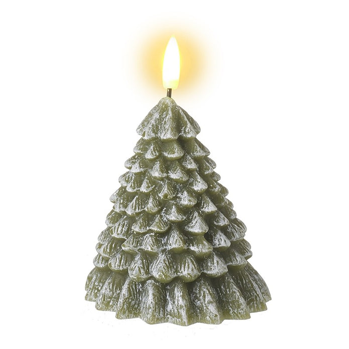 LED Light Up Green Christmas Tree Candle, small green tree candle with a glowing tip against white