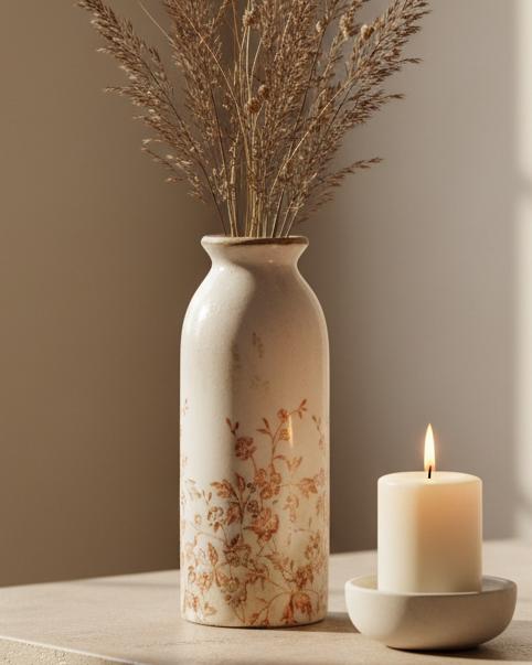 Autumnal Floral Print Vase - Small, slim cream floral vase with dried stems beside a candle