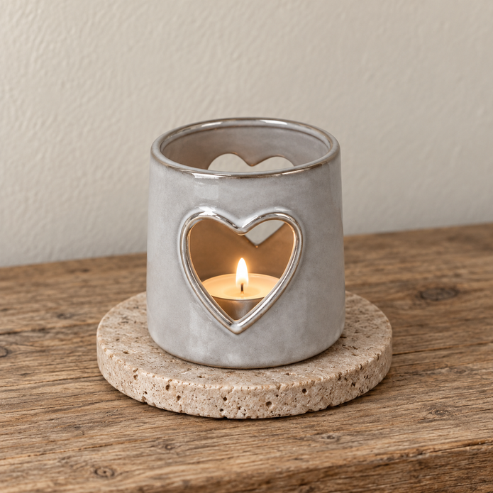 Glazed Ceramic Tealight Holder With Heart Cut Out