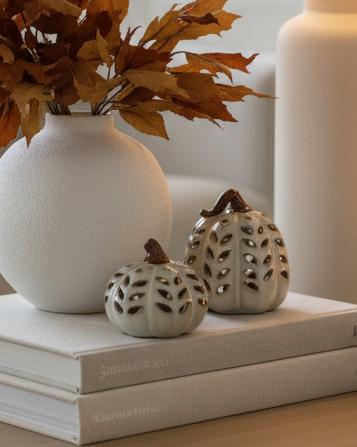 Neutral Ceramic Cut Out Light Up LED Tall Pumpkin – Elegant Glazed Autumn Decoration