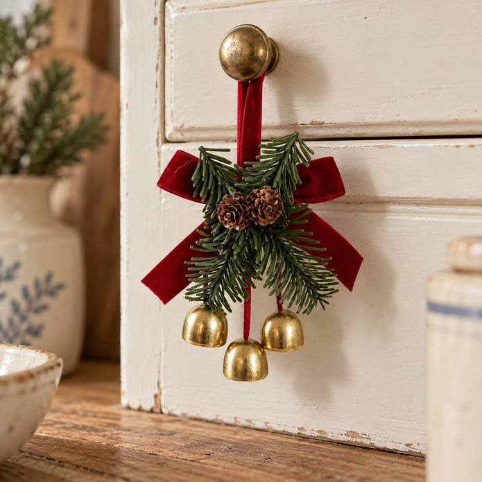 Triple Gold Bell & Burgundy Bow Hanging Ornament — product image 2