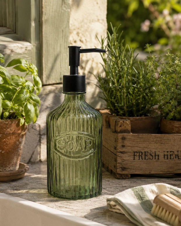 Green Glass Soap Dispenser With Black Pump