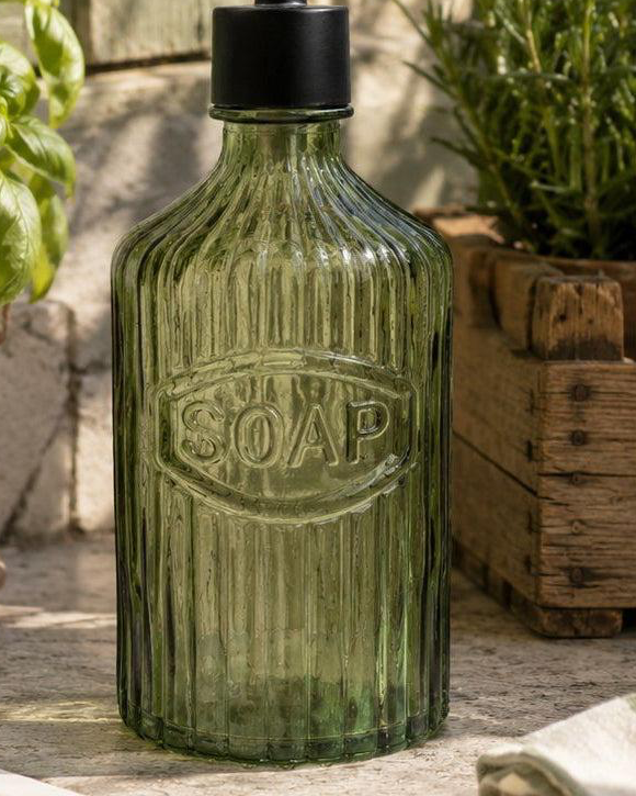 Green Glass Soap Dispenser With Black Pump