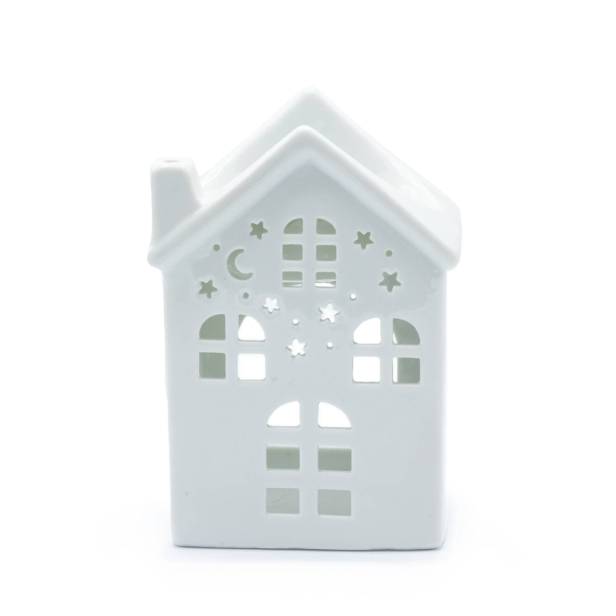 Ancient Wisdom White House oil wax melt burner with a white ceramic house-shaped design and tealight holder beneath.